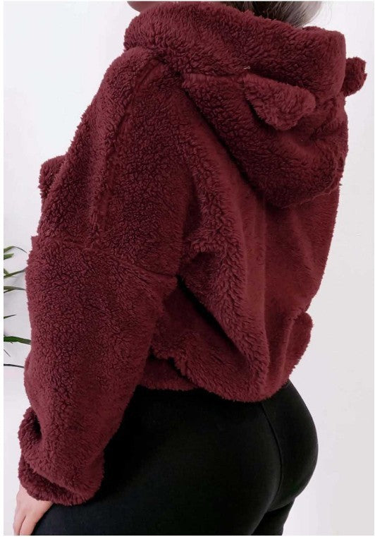 Bryony Fluffy Bear-Ears Cropped Hoodie One-piece