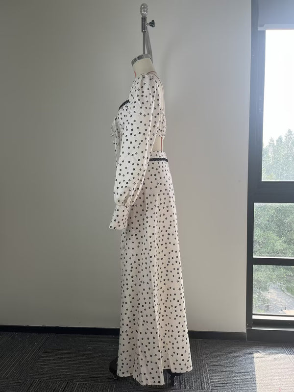 Hortense Ditsy Floral Lantern-Sleeve Lace-Trim Crop Top & Maxi Skirt Two-piece