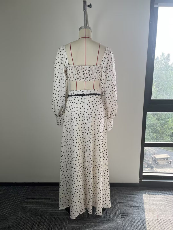 Hortense Ditsy Floral Lantern-Sleeve Lace-Trim Crop Top & Maxi Skirt Two-piece