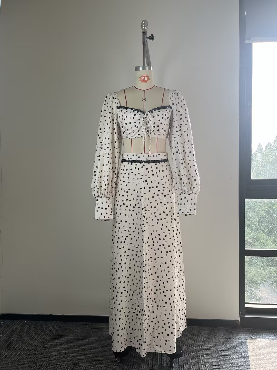 Hortense Ditsy Floral Lantern-Sleeve Lace-Trim Crop Top & Maxi Skirt Two-piece