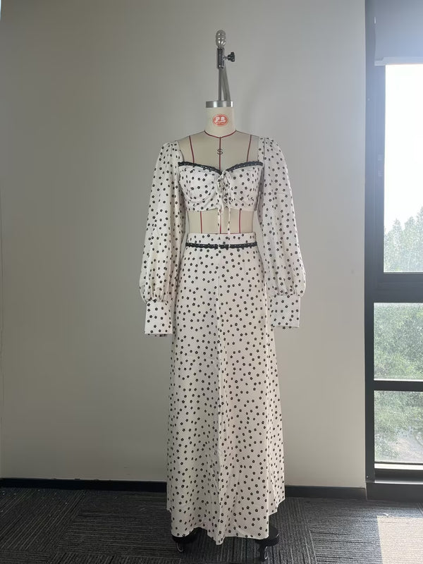 Hortense Ditsy Floral Lantern-Sleeve Lace-Trim Crop Top & Maxi Skirt Two-piece