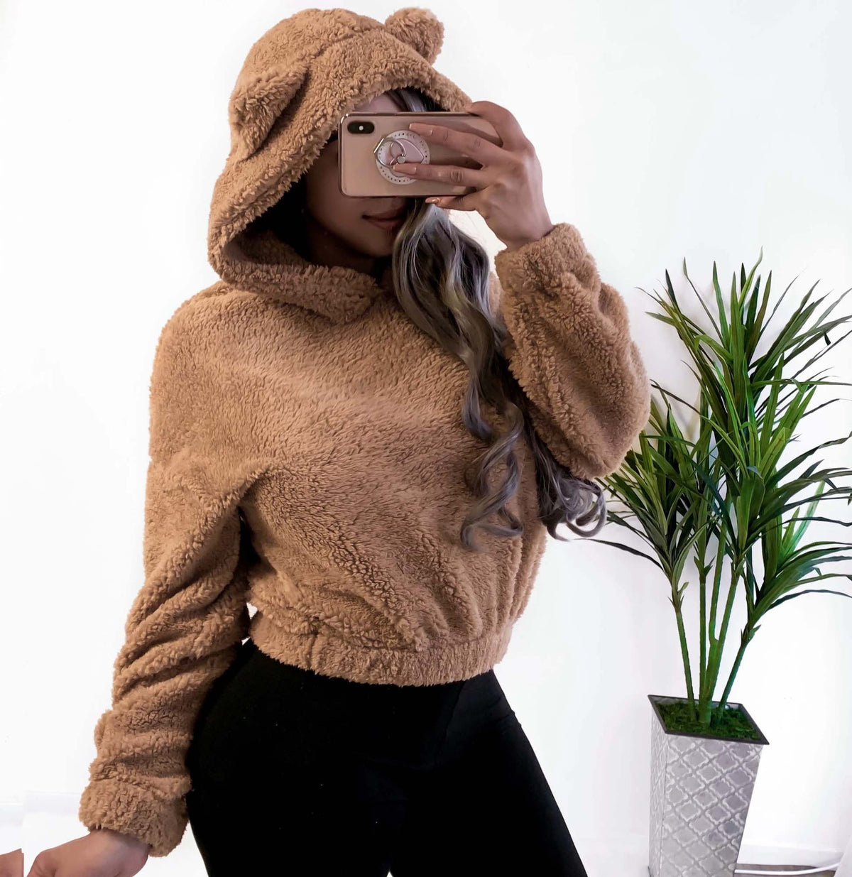 Bryony Fluffy Bear-Ears Cropped Hoodie One-piece