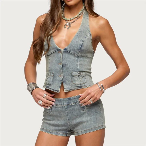 hirigin Women Y2K Retro Denim 2 Piece Outfit Halter Neck Crop Top + Low Waist Shorts Set Casual Summer Streetwear Matching Set