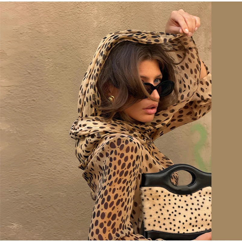 Vintage Women's Leopard Printed See Through Short Dress Scarf Collar Full Sleeve Female Dresses 2026 Summer Lady Vacation Robes