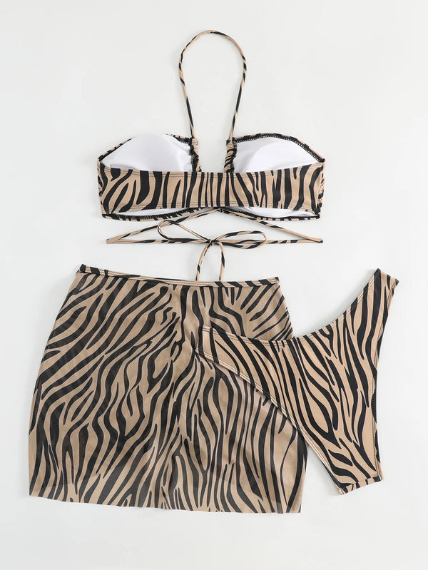 Vigorashely 2025 Sexy Leopard 3 Piece Mesh Skirt Bikini Set Women Swimsuit Halter Push UP Swimwear Backless Summer Bathing Suit