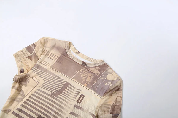 Kliou Newspaper Print Mini Dress Woman Summer Trend o-Neck Short Sleeve Skinny Peach Hip Hot Girls Street Fashion Style Bodycon