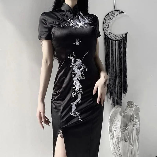 Ravenna Gothic Dragon Embroidered Qipao Maxi Dress