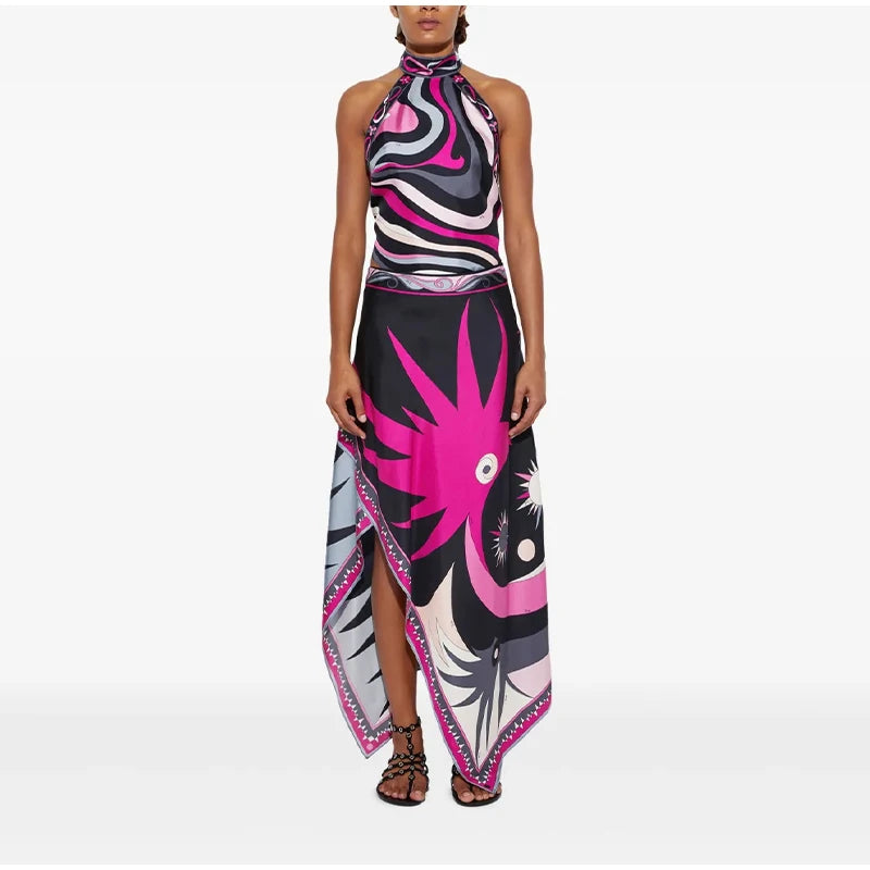 Ermengarde Print Halter Bow Backless Top & Long Skirt Set