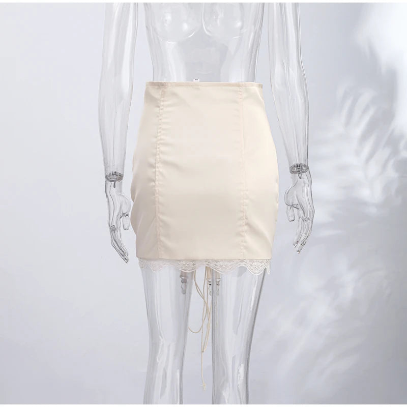 Ghislaine Satin Lace-Up Corset Mini Skirt with Lace Trim One-piece