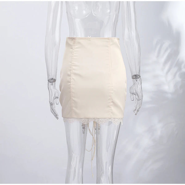 Ghislaine Satin Lace-Up Corset Mini Skirt with Lace Trim One-piece