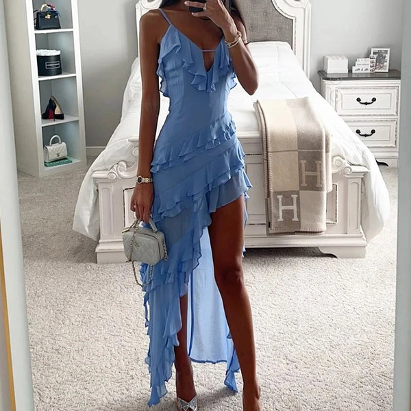 Skye Blue Ruffle Asymmetrical Midi Dress