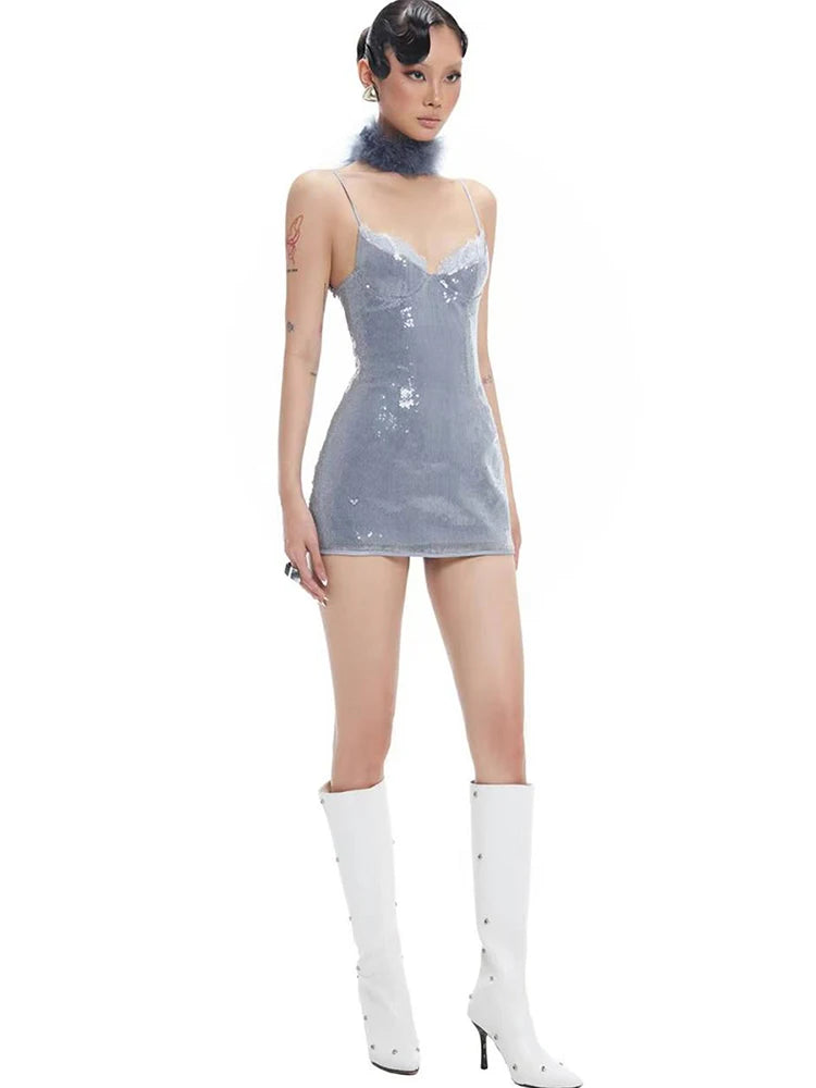 Sienna Sequin Lace Mini Dress with Neck Scarf