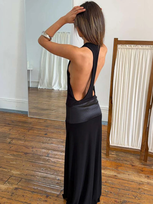 Selene Satin Deep-V Backless Maxi Dress