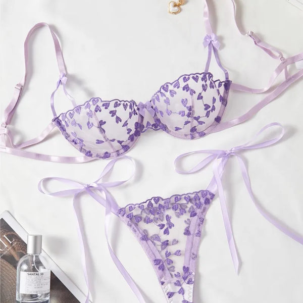 Zelinda Heart Embroidered Sheer Mesh Strappy Underwire Bra & Tie Thong Lingerie Two-piece