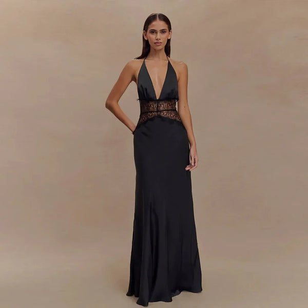 Pervinca Lace-Panel Satin Plunge Halter Backless Maxi Dress