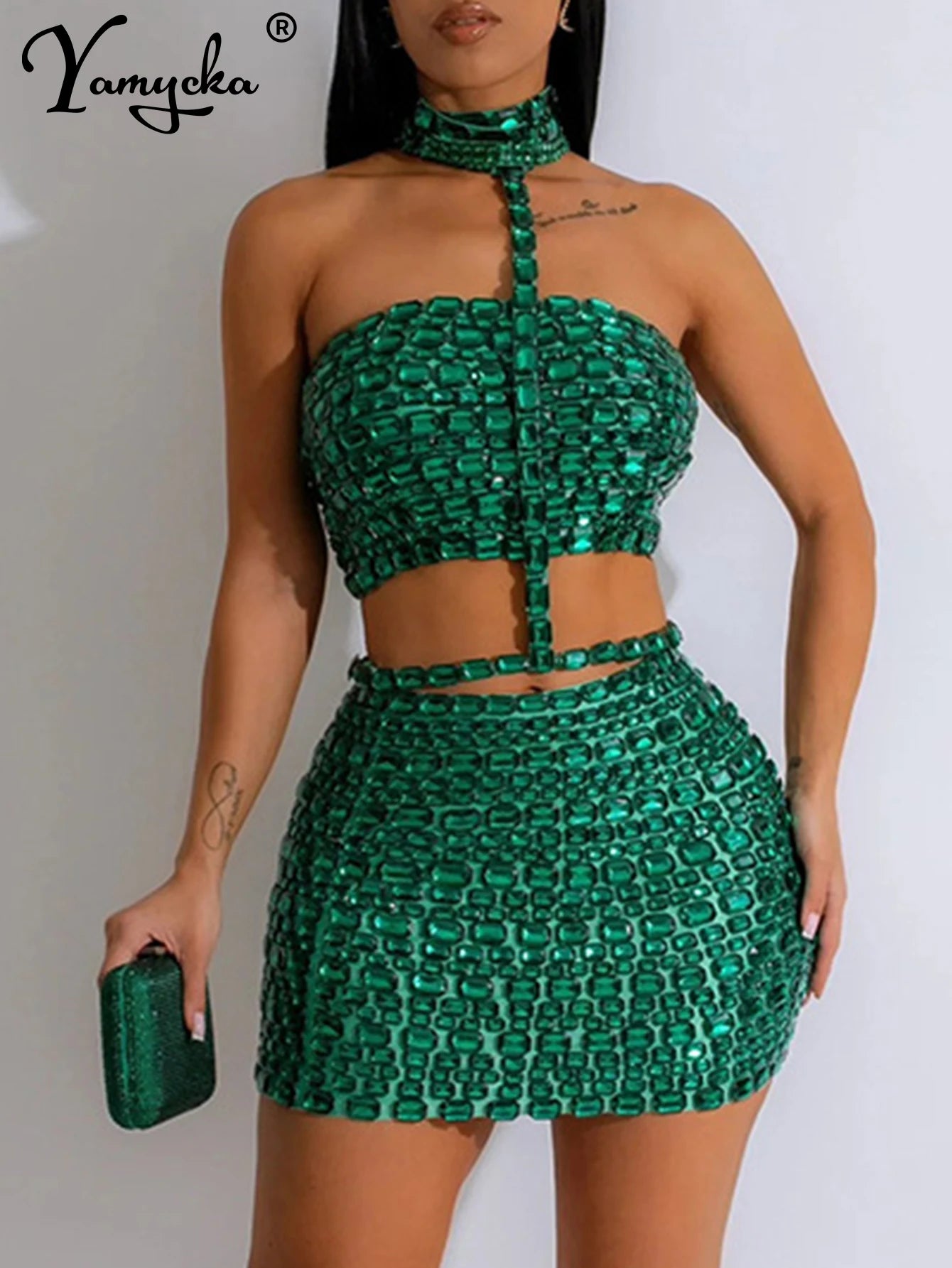 Zafira Rhinestone Halter Bodycon Mini Dress