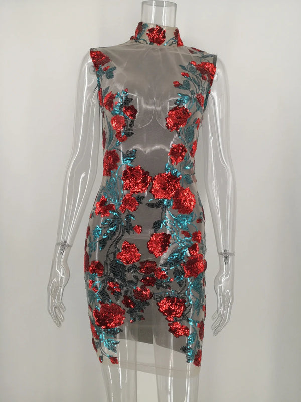 Iseult Sheer Mesh Floral Sequin Plunge Bodycon Mini Dress