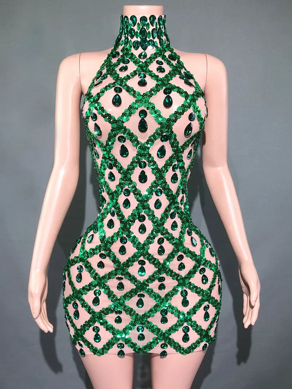 Adara Crystal Sequin Sheer Performance Mini Dress