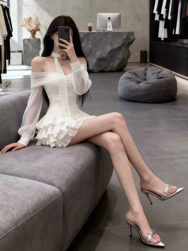 Brielle Sheer Mesh Long-Sleeve Ruched Tiered Ruffle Mini Dress