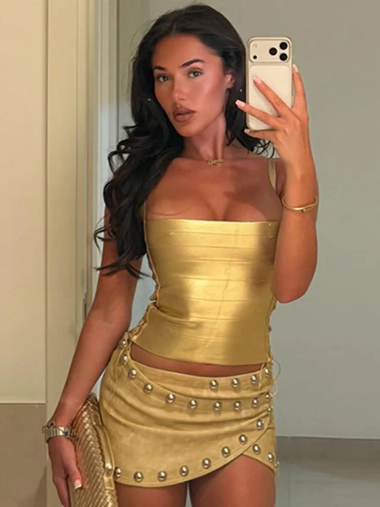Women Summer Sexy Lacing Bronzing Gold Silver Bodycon Bandage Tops Celebrity Designer Fashion High Street Top