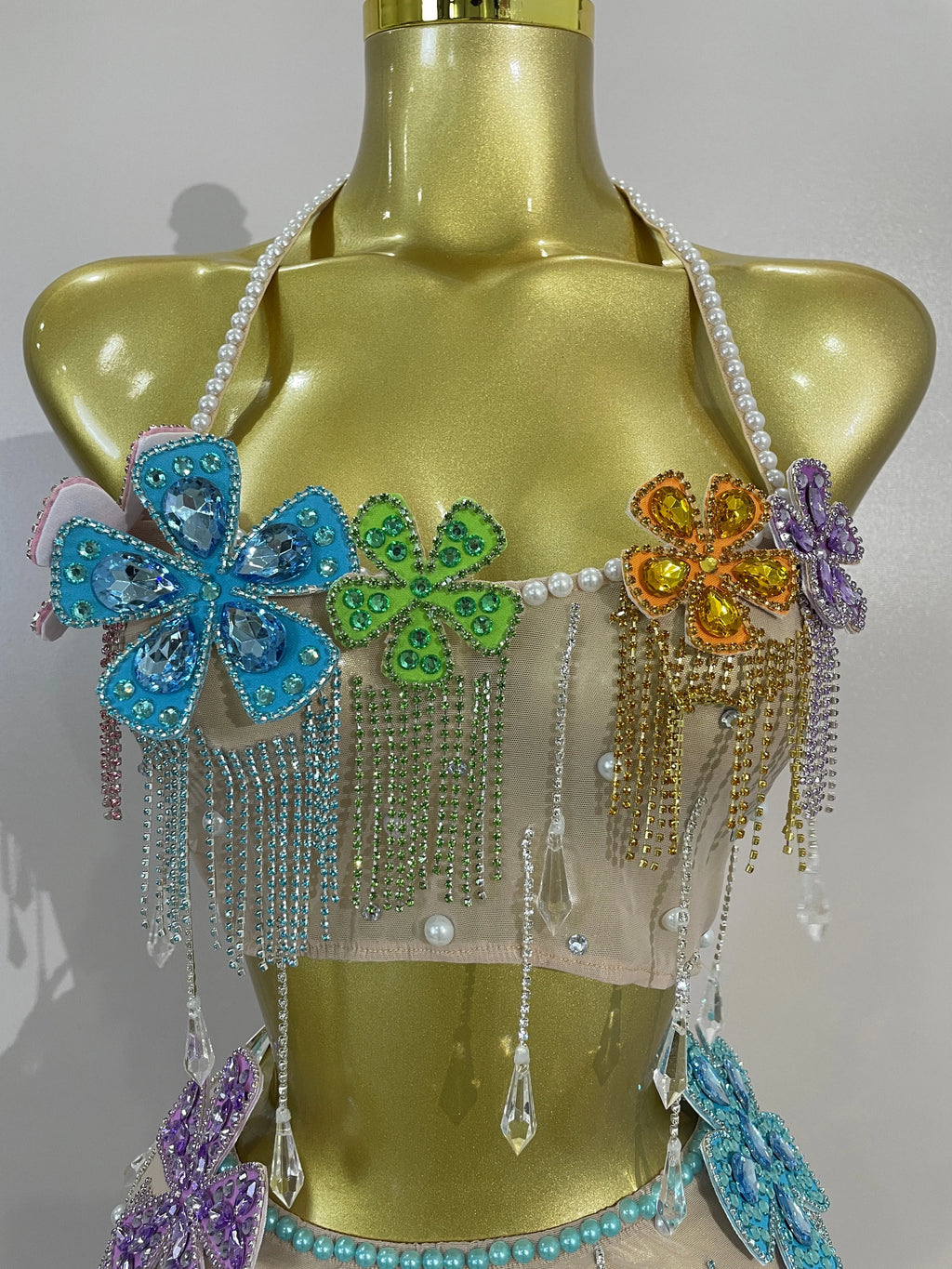 Esmeralda Crystal Fringe Flower Bra Top & Mini Skirt Two-piece