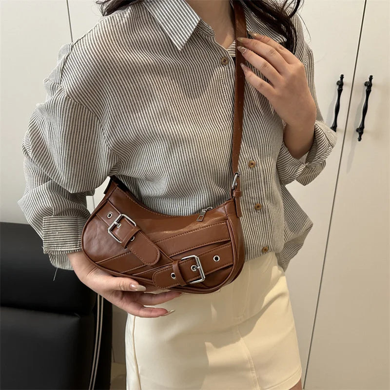 Y2K Vintage PU Leather Women Shoulder Bag Small Crossbody Bag Fashion Ladies Underarm Bag Clutch Purse and Handbag