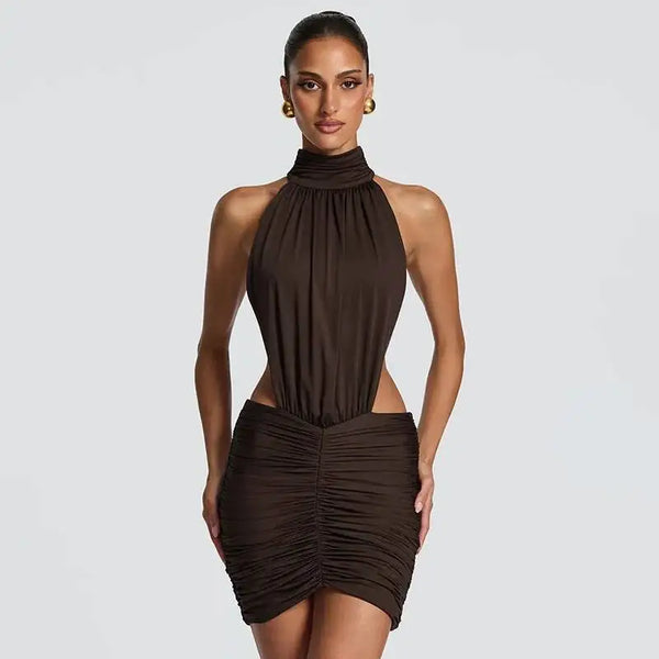 Marcella High-Neck Ruched Backless Mini Dress