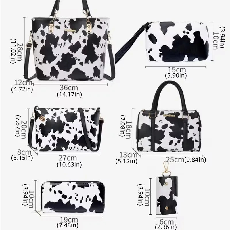 6-piece PU Fashion Cow-pattern Tote Bag Set, Including Women's Shoulder Bags, Crossbody Bags and Anti-wrinkle Handbags