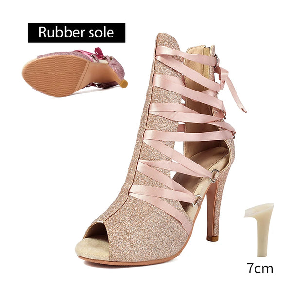 DKZSYIM Women Dance Boots Girls Ladies Jazz Dancing Shoes Thin Heels Glitter Shining Latin Indoor Party Dance Shoes Personalized