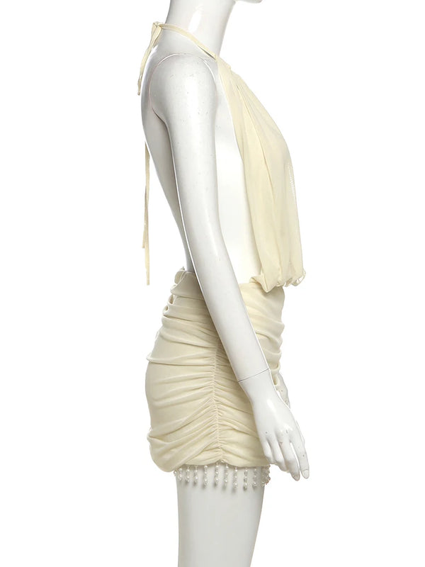 Celeste Pearl-Tassel Mesh Halter Mini Dress