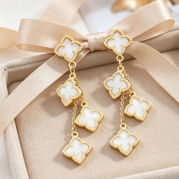 Camellia Shell-Inlay Clover Drop Earrings