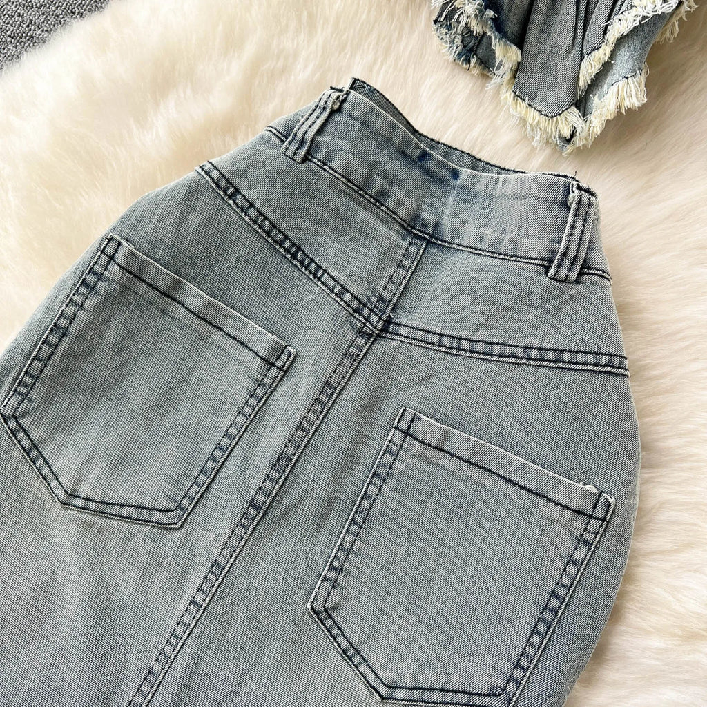 Jocelyn Ruched Denim Asymmetrical Midi Skirt Set Two-piece