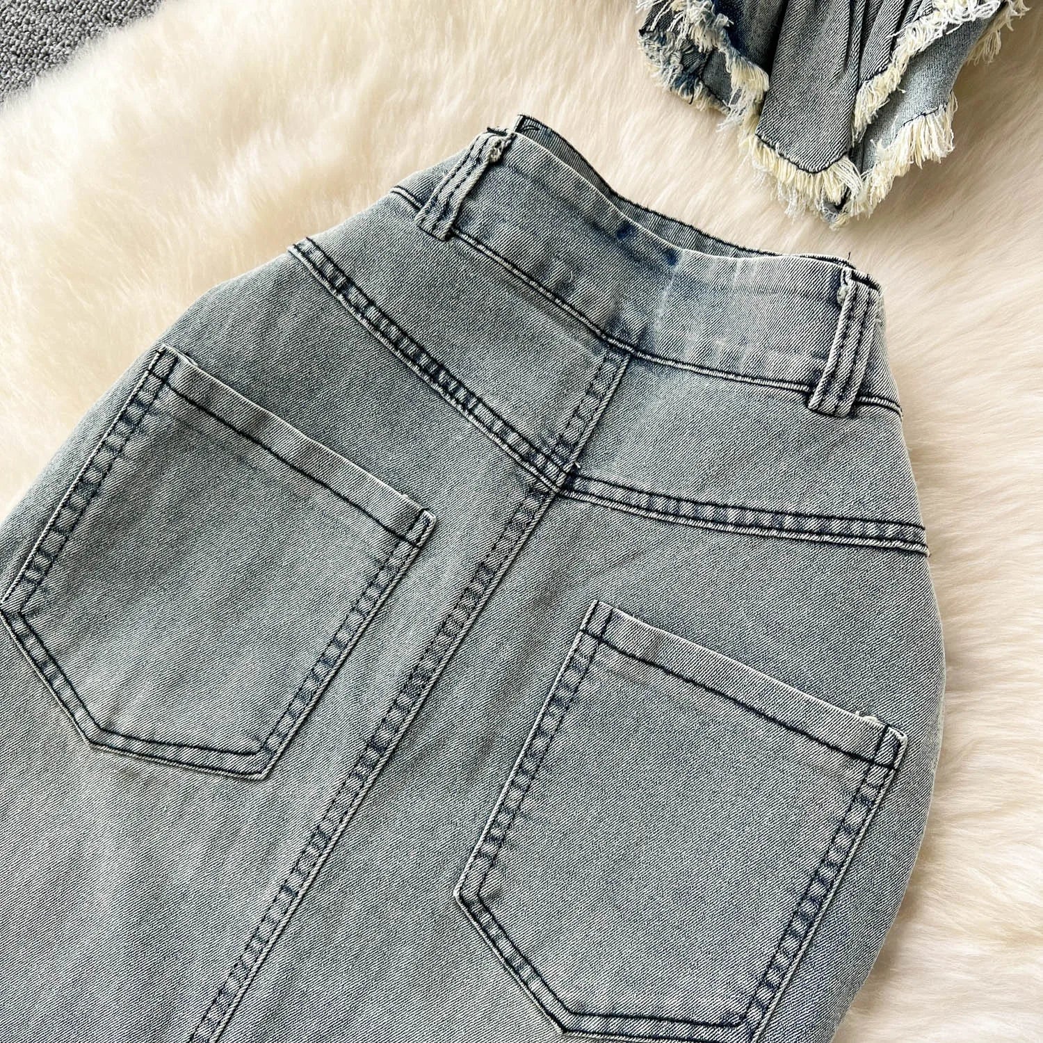 Jocelyn Ruched Denim Asymmetrical Midi Skirt Set Two-piece
