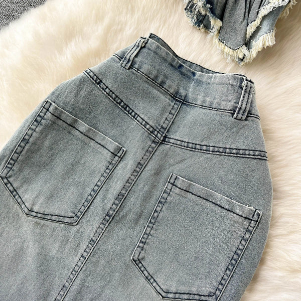 Jocelyn Ruched Denim Asymmetrical Midi Skirt Set Two-piece