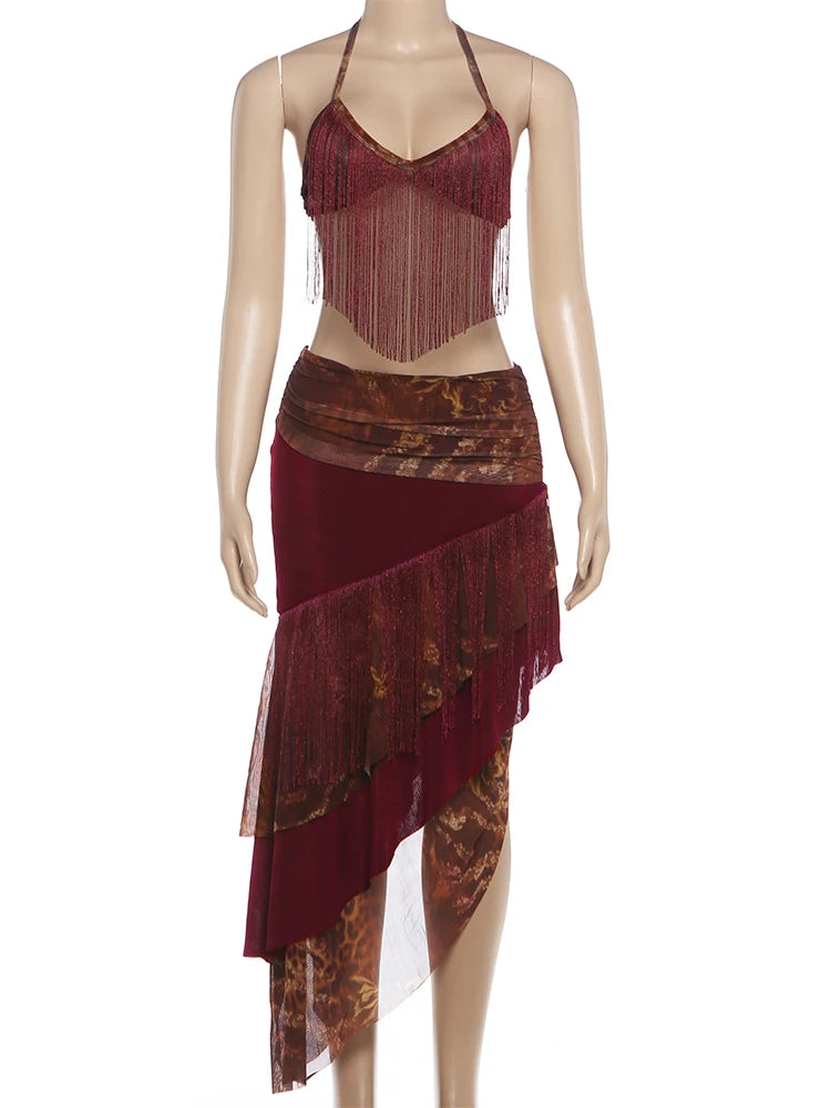 Zelda Asymmetrical Fringe Halter Maxi Skirt Set Two-piece