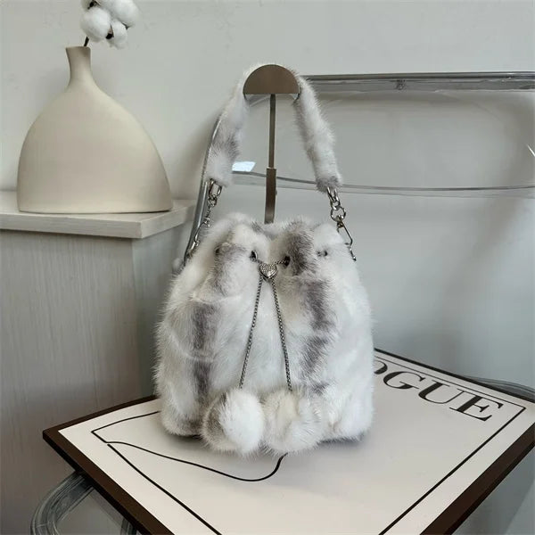 Y2K Bag Real Mink Bags Plush Handbag Fashion Designer High-End Luxury Tote Bag Puffy Bag Solid Soft Mink Shuolder Bag