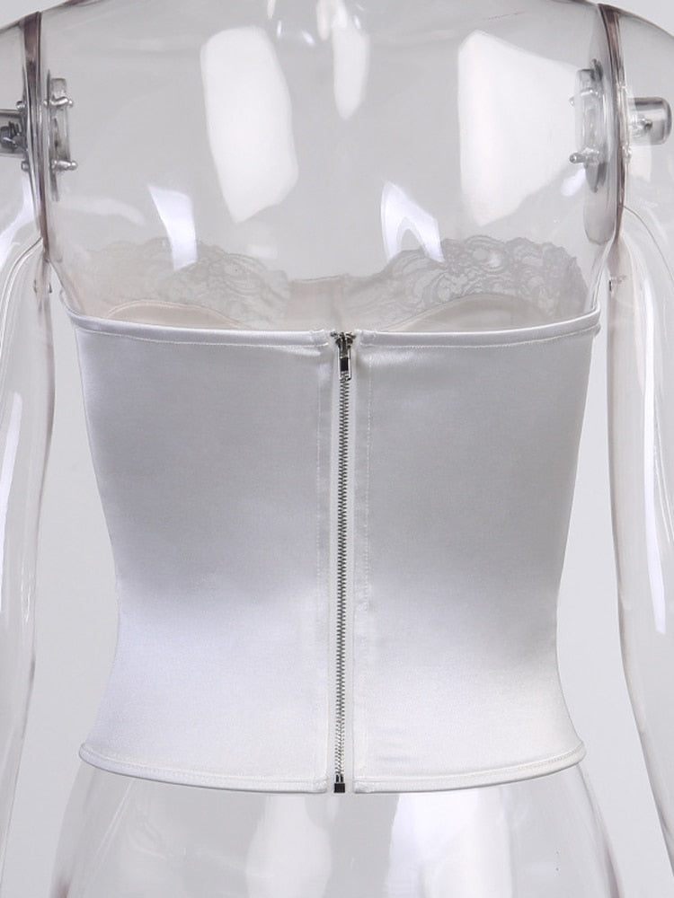 Viifaa Lace Trim White Satin Strapless Sexy Corset Crop Top Women Zipper Back Tight Bustier Clubwear Party Female Slim Tops