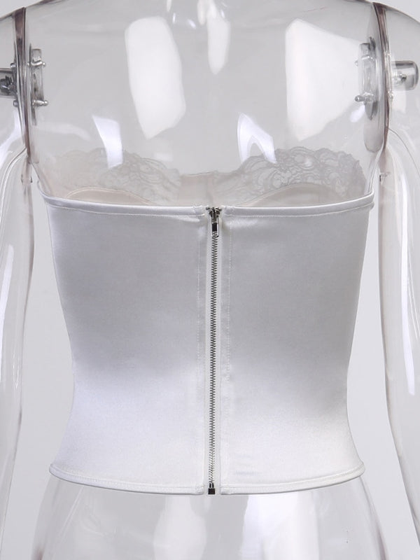 Viifaa Lace Trim White Satin Strapless Sexy Corset Crop Top Women Zipper Back Tight Bustier Clubwear Party Female Slim Tops