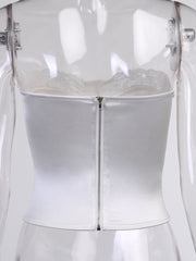 Viifaa Lace Trim White Satin Strapless Sexy Corset Crop Top Women Zipper Back Tight Bustier Clubwear Party Female Slim Tops