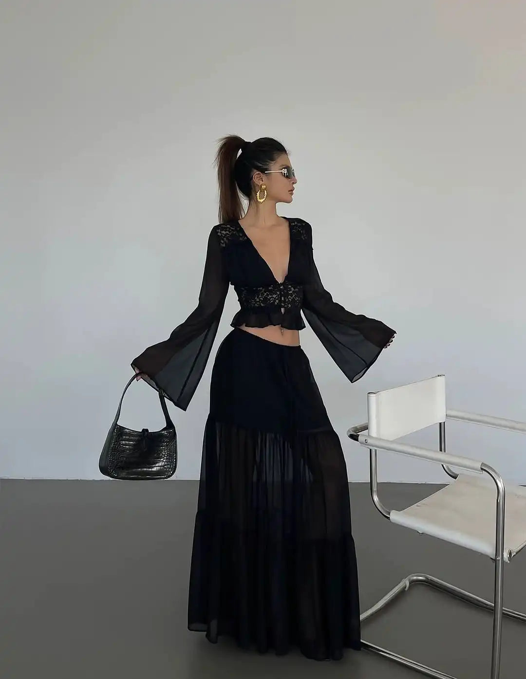 Aurelia Chiffon Lace Long-Sleeve Maxi Skirt Set Two-piece