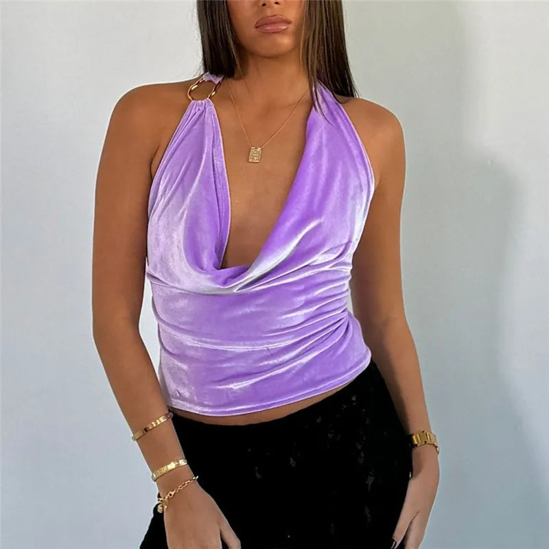 hirigin Velvet Sleeveless Shirt Vest Y2K Coquette Swing Collar Halter Camis Club Party Women Sexy Backless Tie Up Crop Tops