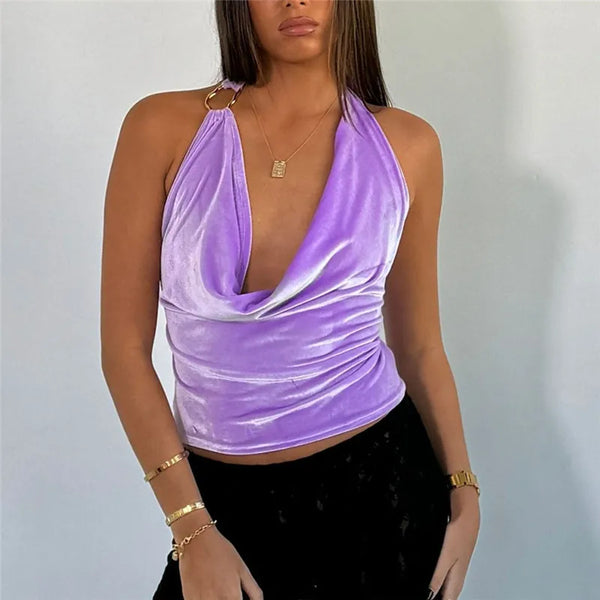 hirigin Velvet Sleeveless Shirt Vest Y2K Coquette Swing Collar Halter Camis Club Party Women Sexy Backless Tie Up Crop Tops