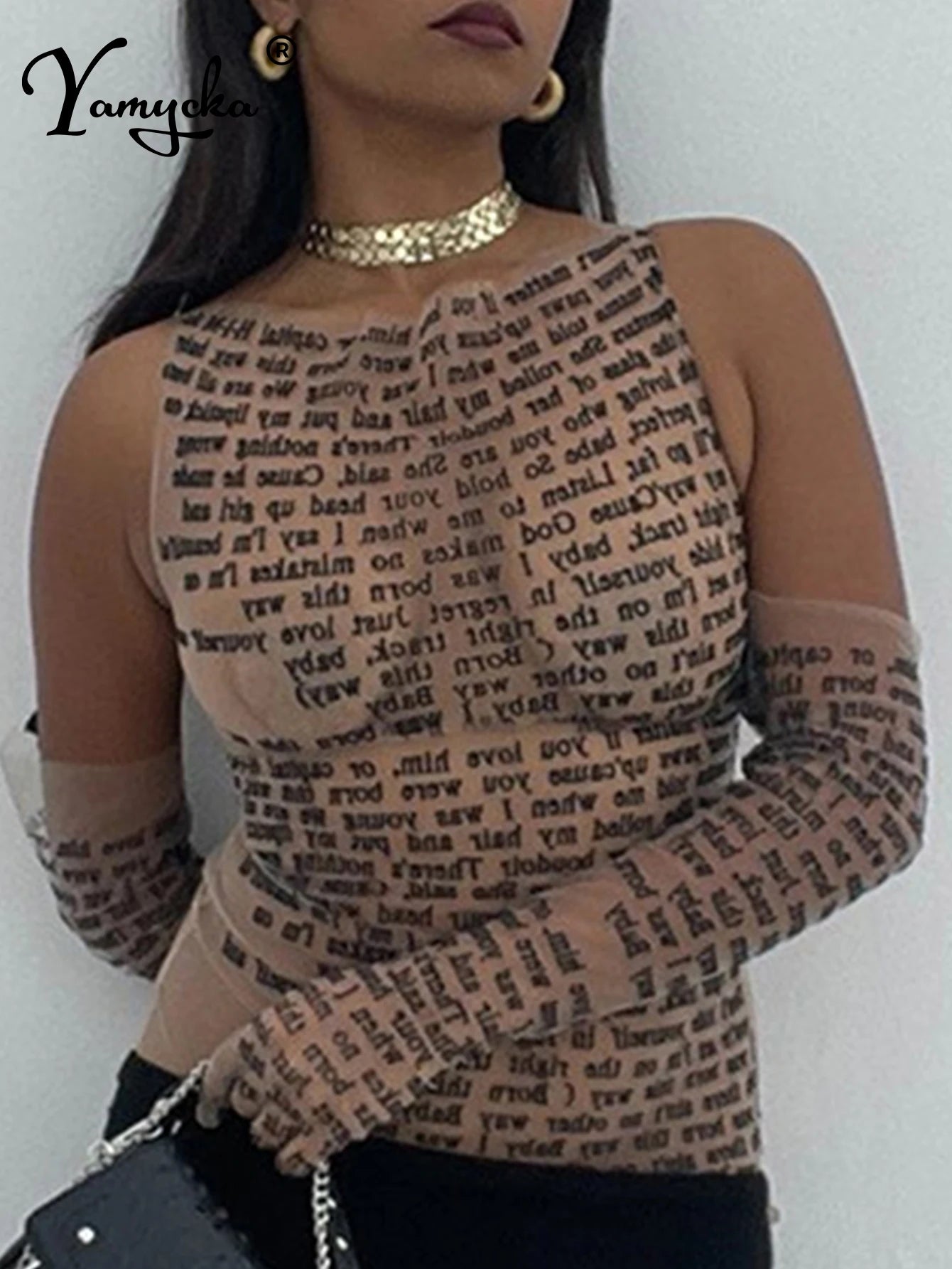 Echo Sheer Letter-Print Long-Sleeve Crop Top One-piece