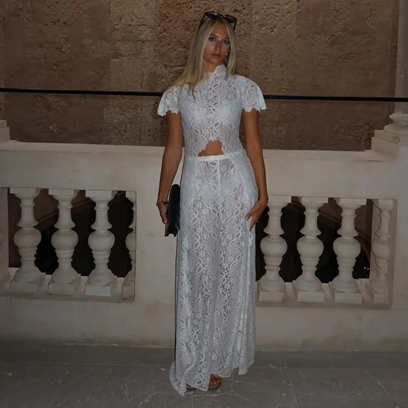 Fiora Sheer Floral-Lace Wide-Leg Pants Set Two-piece