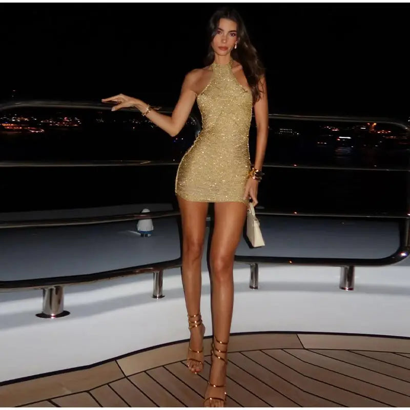 Isabella Gold Halter Ruched Bodycon Mini Dress