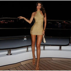 Isabella Gold Halter Ruched Bodycon Mini Dress