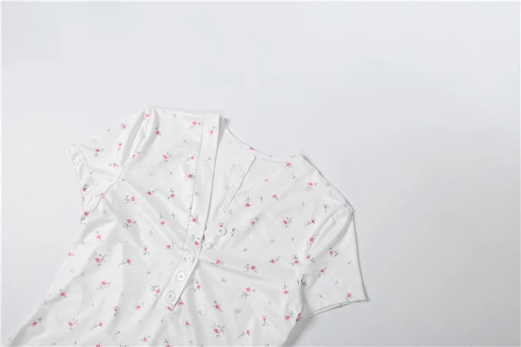 Kliou Casual Fashion Playsuits Woman Floral Print Button V-Neck Short Sleeve Skinny Stretch Summer Street Elegant Style Rompers