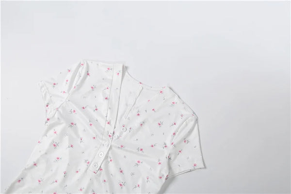 Kliou Casual Fashion Playsuits Woman Floral Print Button V-Neck Short Sleeve Skinny Stretch Summer Street Elegant Style Rompers