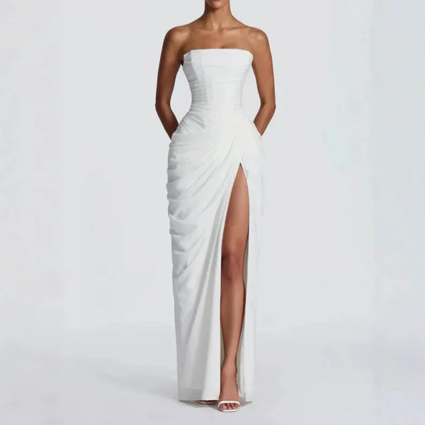 Elise Strapless Pleated Slit Maxi Dress