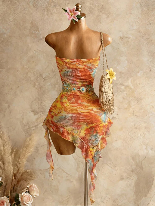 Gisela Multicolor Knit Strapless Asymmetric Tassel-Hem Mini Dress